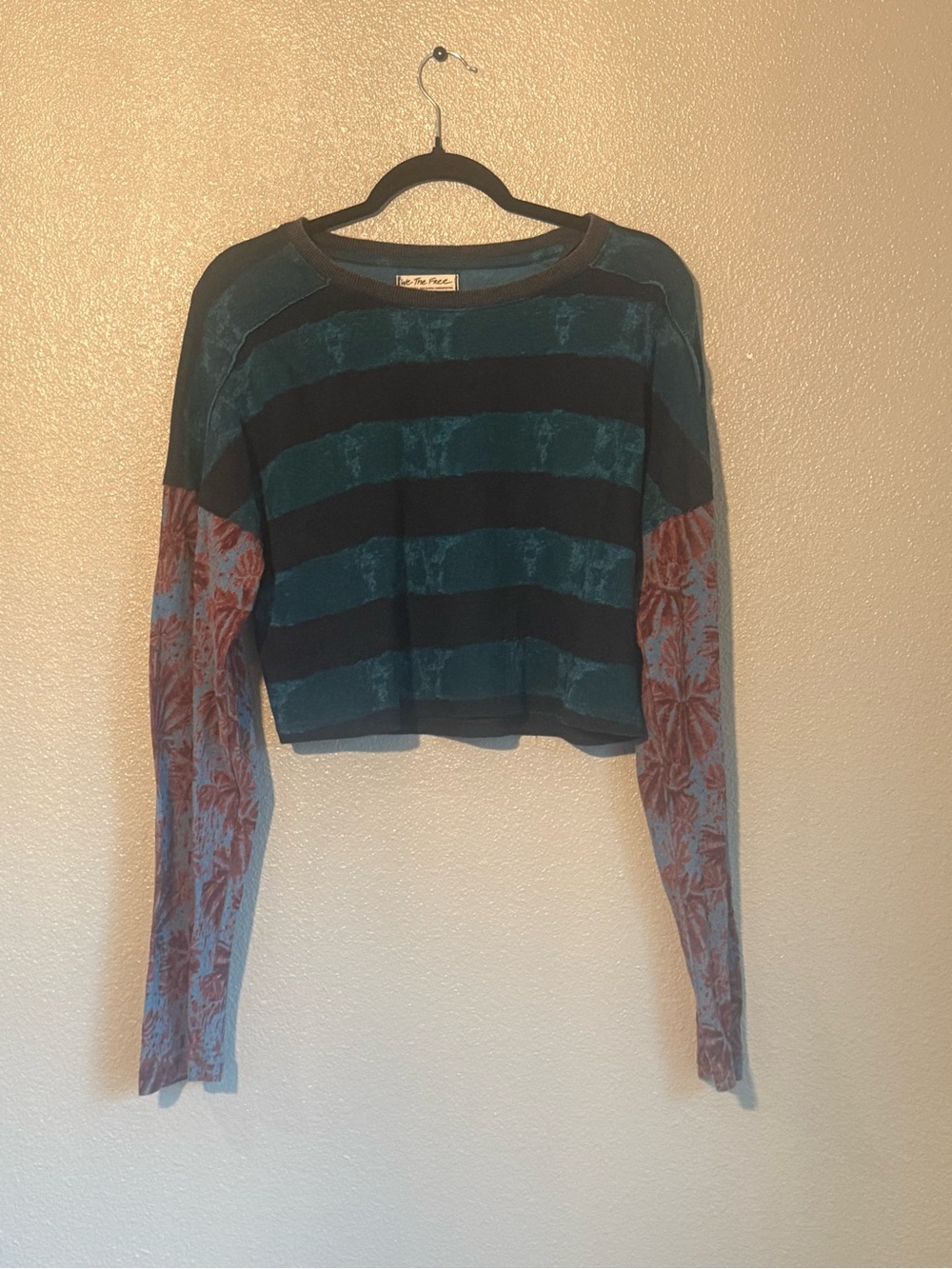 We The Free Striped Cropped Long-Sleeve Top in Teal, Black & Rust